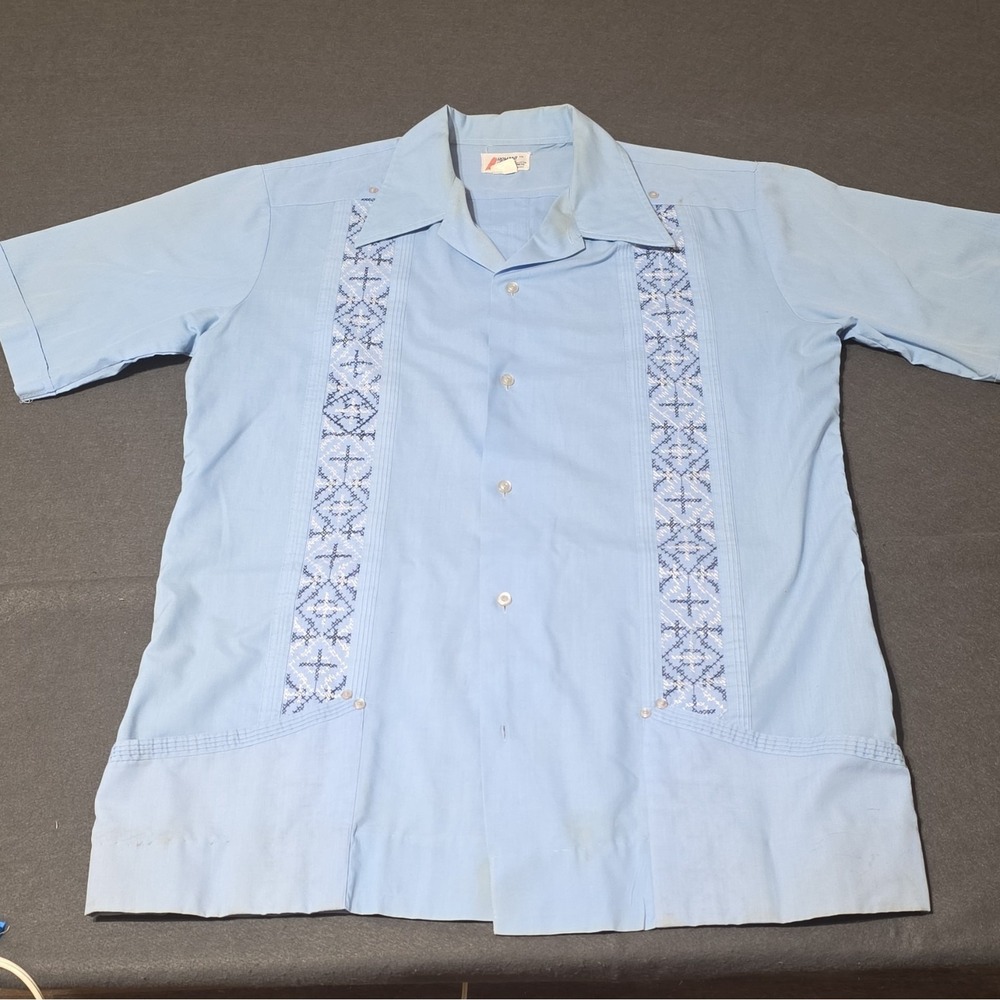 Romani Men's Light Blue Embroidered Short Sleeve Button-Up Shirt Woven XXL